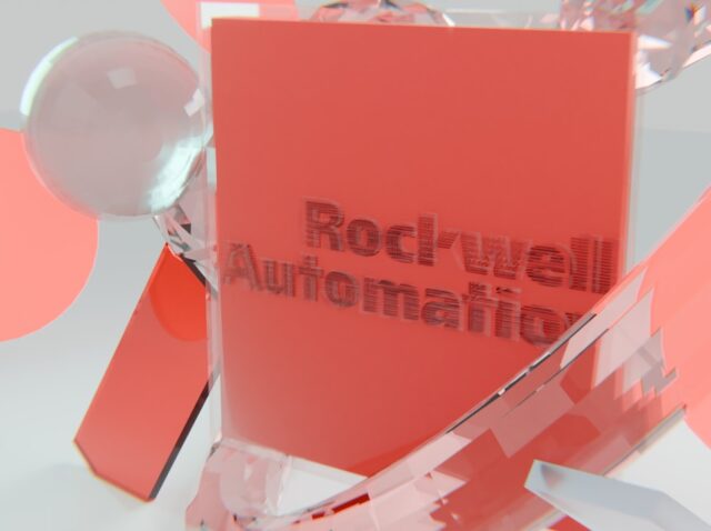 Rockwell automation logo on a red block with abstract shapes.