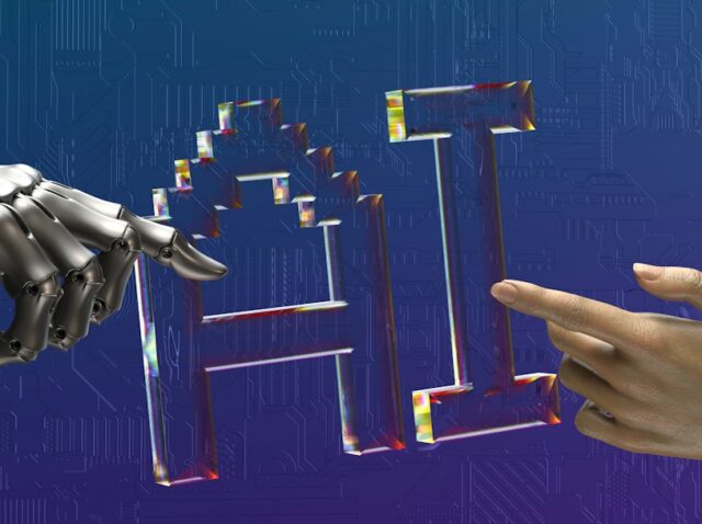 robot and human hands reaching toward ai text